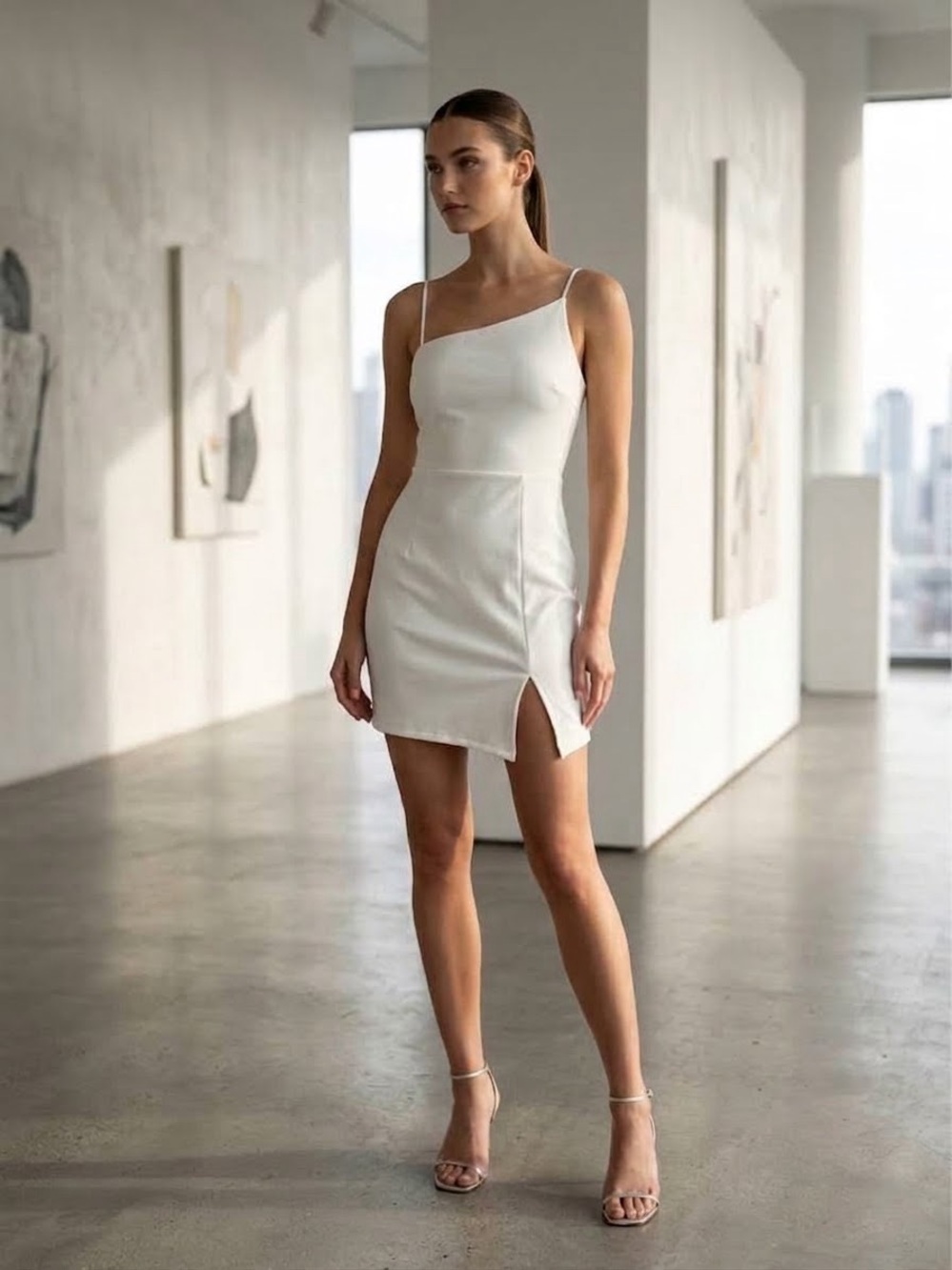 Lulu's White One-Shoulder Mini Dress with Side Slit